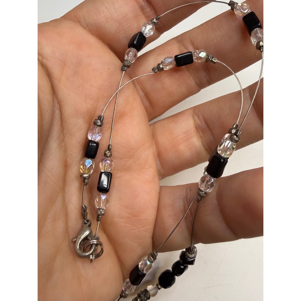 Black and Iridescent Clear Beaded Wire Necklace Silver Tone Lobster Clasp 17.5in